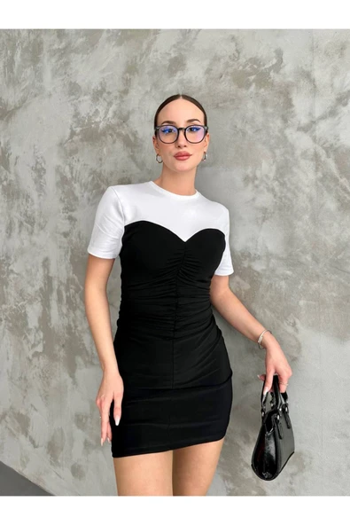 MY DEPO Kadın T-shirt Detay Önü Büzgülü Mini Elbise - 1