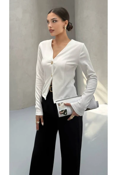 MY DEPO Kadın V Yaka Düğmeli Hırka Bluz - 4