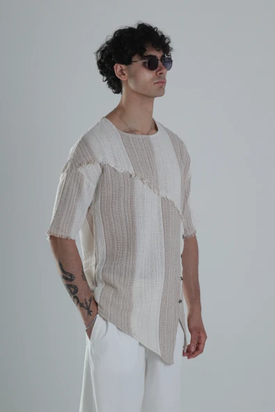 Asimetrik Tasarım Bej T-Shirt - 4