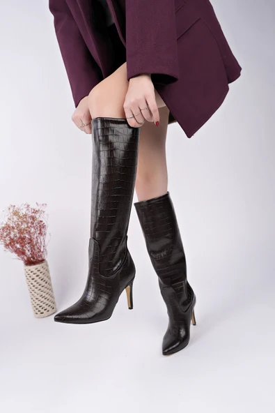 Muggo CLARİSSA Sivri Burun Kroko Desenli İnce Topuklu Kadın Çizme - 3