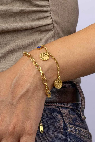 Gümüş Pazarım Altın Kaplama Çift Zincirli Nazar Boncuklu Charm Çelik Bileklik - 2