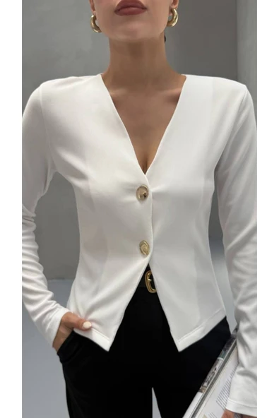 MY DEPO Kadın V Yaka Düğmeli Hırka Bluz - 3