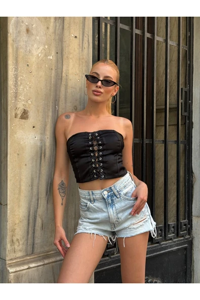 MY DEPO Kuşgözü Detay Balen Görünümlü Saten Crop Bluz - 2