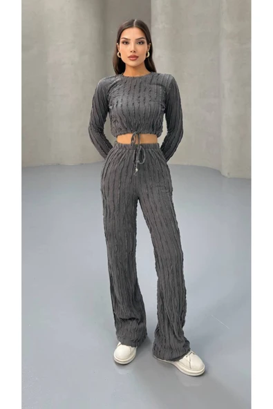 MY DEPO Kadın Bel Bağcıklı Crop Pantolon Takım - 4