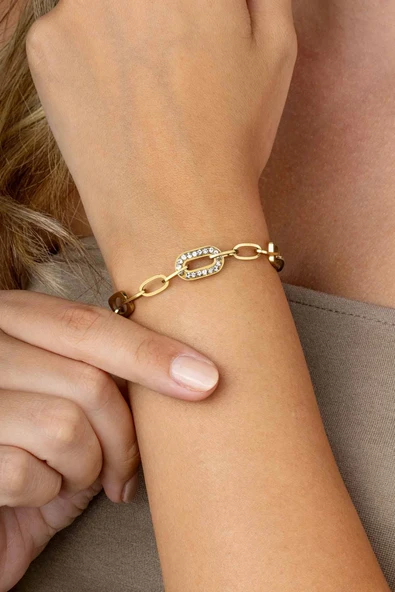 Gümüş Pazarım Altın Kaplama Ara Taşlı Zincir Model Kadın Çelik Bileklik ürün görseli 1