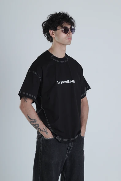 Be Yourself Siyah Oversize Tasarım T-Shirt - 2