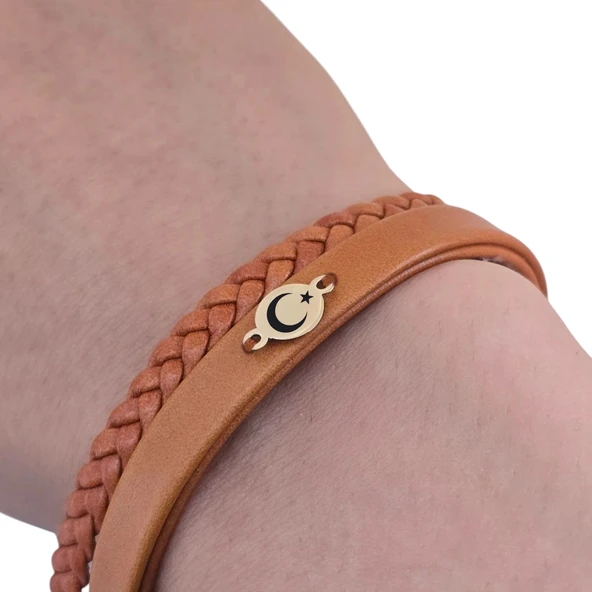 Sembole Özel Doğal Kahverengi Derili 14 Ayar Altın Plakalı Yuvarlak Motifli Hediye Bileklik-401 - Resim 3