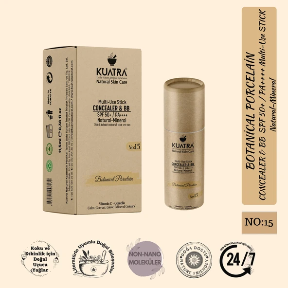 Kuatra Botanical Porcelain Natural-Mineral Stick Concealer & BB | SPF 50+ PA++++ | Çok Amaçlı Nemlendirici, Leke Karşıtı, Vitamin C, Renkli Bakım