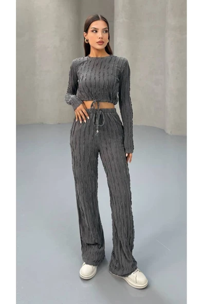 MY DEPO Kadın Bel Bağcıklı Crop Pantolon Takım - 1