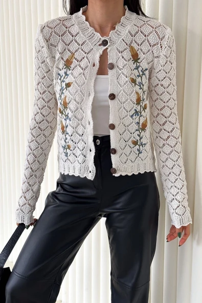 MY DEPO Kadın Nakış İşlemeli Düğme Detay Ajurlu Triko Hırka - Resim 4