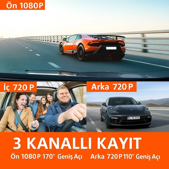 3 Kanallı WiFi Destekli Araç İçi Kamera  Ön 1080P, İç ve Arka 720P, Gece Görüşlü, Geniş Açılı, Park Monitörü - 3
