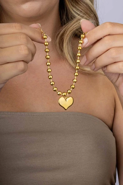 Gümüş Pazarım Top Zincirli Kalp Figürlü Altın Kaplama Çelik Kadın Bileklik ürün görseli 1