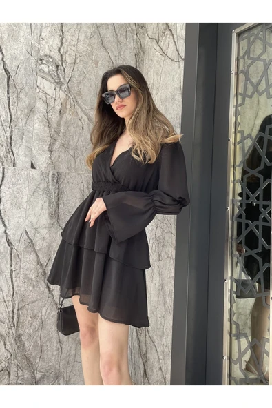 MY DEPO Kadın Kruvaze Şifon Elbise Siyah - 3