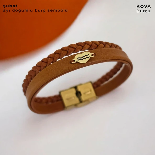 Doğum Ayına Özel 14 Ayar Altın Plakalı Kalp Figürlü Doğal Kahverengi Derili Hediye Bileklik-401 - Resim 2