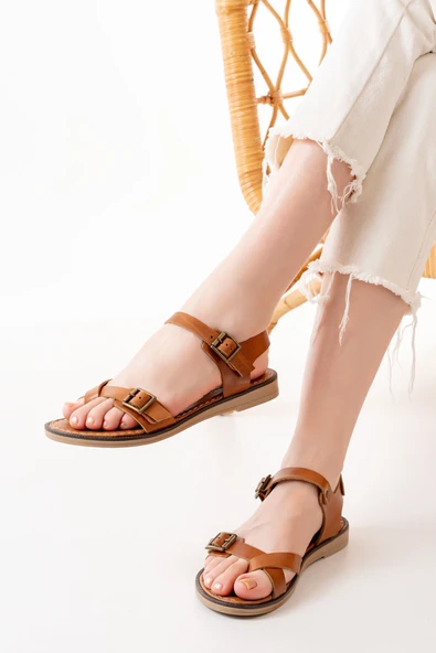 205-091 Taba Ortopedik Hakiki Deri Kadın Sandalet - Resim 2