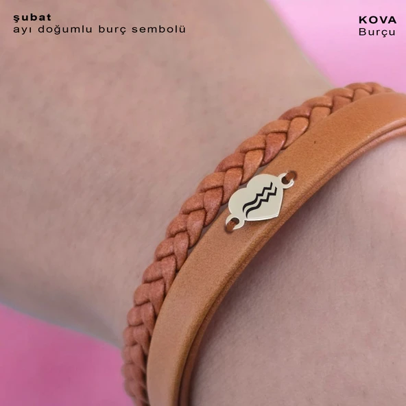 Doğum Ayına Özel 14 Ayar Altın Plakalı Kalp Figürlü Doğal Kahverengi Derili Hediye Bileklik-401 - Resim 3