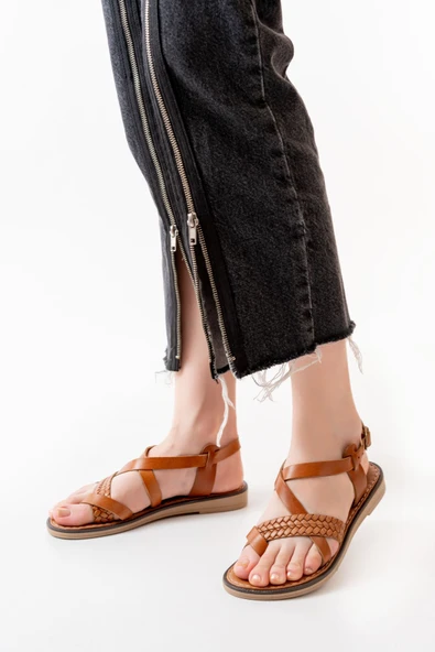 205-09 Taba Ortopedik Hakiki Deri Kadın Sandalet - Resim 4