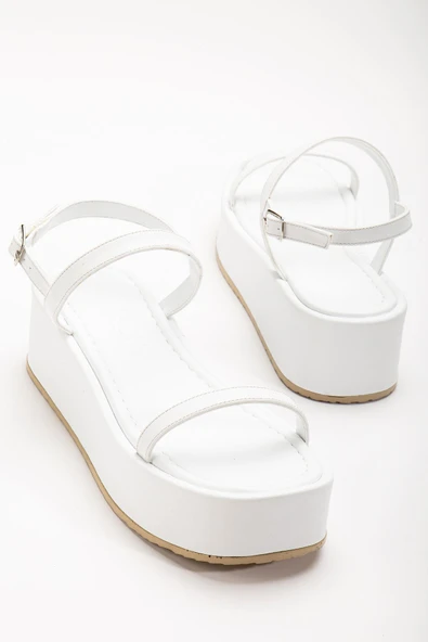 861-1027 Beyaz Dolgu Topuk Kadın Sandalet - Resim 5