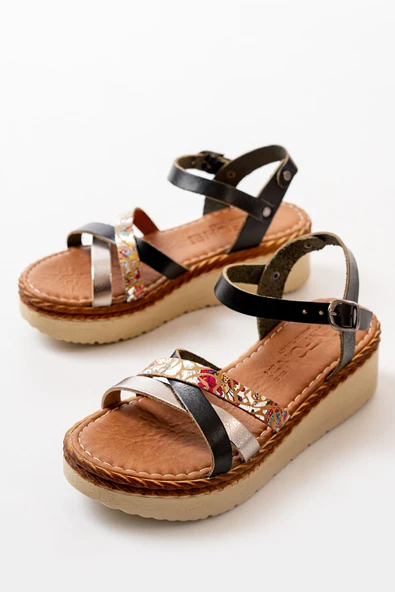 730-015 Siyah Garni Ortopedik Hakiki Deri Dolgu Kadın Sandalet - Resim 5