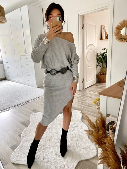 Kadın Uzun Kollu Düşük Omuz Yırtmaç Detay Kaşkorse Etek Bluz Ikili Takım - Resim 11