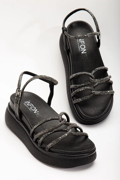 24422-1221 Siyah Dolgu Topuk Kadın Sandalet - 3