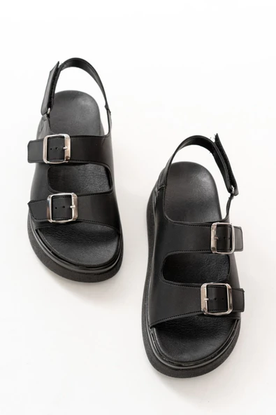 24422-1185 Siyah Dolgu Topuk Kadın Sandalet - 6