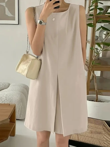 Kadın Askılı Sıfır Kol A Kesim Detaylı Ithal Krep Elbise ürün görseli