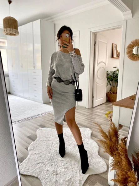 Kadın Uzun Kollu Düşük Omuz Yırtmaç Detay Kaşkorse Etek Bluz Ikili Takım - Resim 9