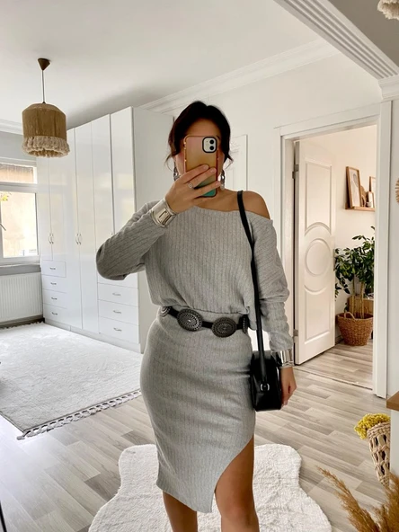 Kadın Uzun Kollu Düşük Omuz Yırtmaç Detay Kaşkorse Etek Bluz Ikili Takım - Resim 7