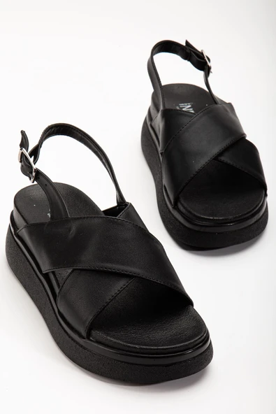 24422-1164 Siyah Dolgu Topuk Kadın Sandalet - Resim 4