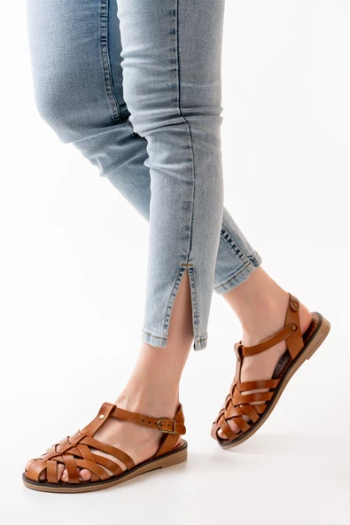 205-02 Taba Ortopedik Hakiki Deri Kadın Sandalet - 5