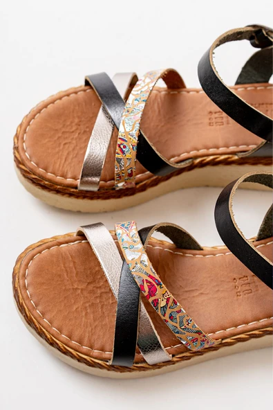 730-015 Siyah Garni Ortopedik Hakiki Deri Dolgu Kadın Sandalet - Resim 11