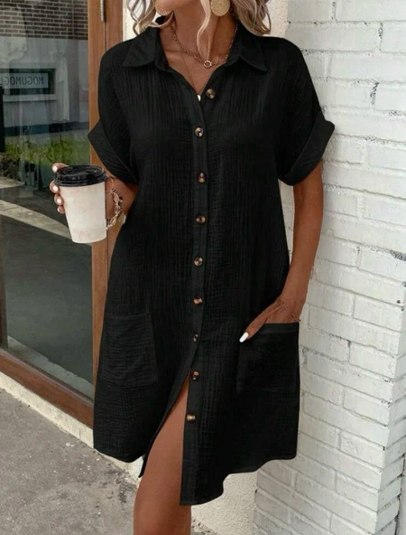 Kadın Kısa Kollu Bisiklet Yaka Yandan Yırtmaçlı Viskon Midi Elbise ürün görseli