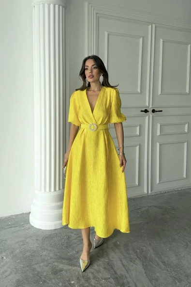 Sarı Işıltılı Kemerli Kruvaze Elbise - Resim 4