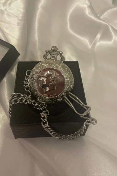 Gümüş Saat Köstekli Saat Atatürk Kabartmalı Pilli - 8