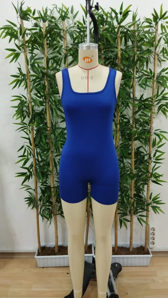 Kadın Kare Yaka Sırt Dekolte Detay Dalgıç Bodycon Mini Tulum - Resim 6