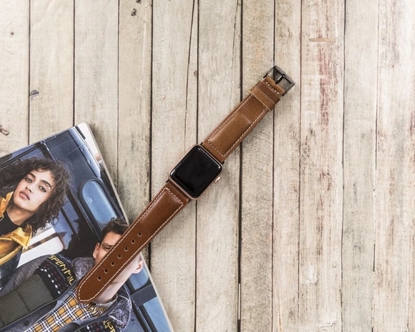 Apple Watch Uyumlu Deri Kordon 42-44-45mm NM4-AS2 Taba - 3