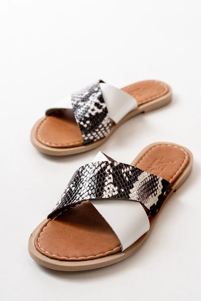 169-076 Beyaz Ortopedik Hakiki Deri Çapraz Bantlı Kadın Terlik - Resim 5