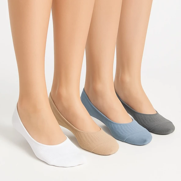 Plus Scorpion Kadın Babet Çorap 4’lü Karışık Renk – Pamuk & Polyester, Kaydırmaz Silikon - Resim 9