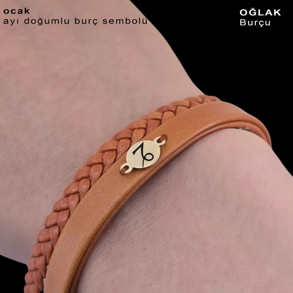Doğum Ayına Özel 14 Ayar Altın Plakalı Yuvarlak Motifli Doğal Kahverengi Derili Hediye Bileklik-401 - Resim 3