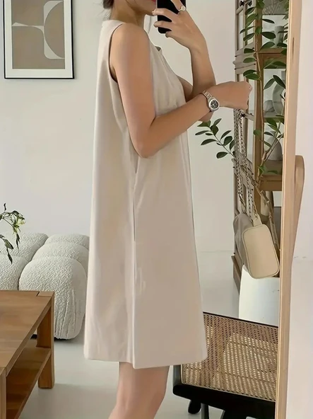 Kadın Askılı Sıfır Kol A Kesim Detaylı Ithal Krep Elbise - Resim 3