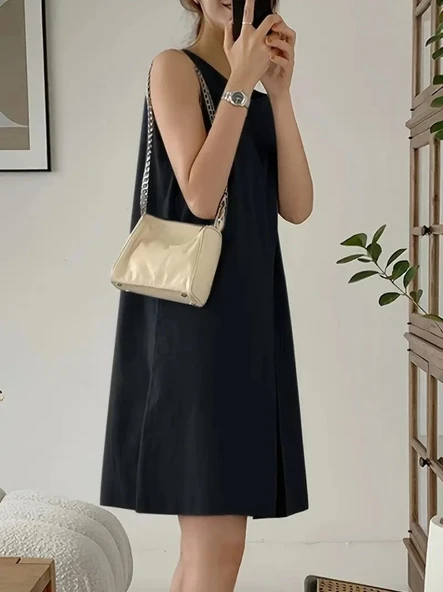 Kadın Askılı Sıfır Kol A Kesim Detaylı Ithal Krep Elbise - Resim 2