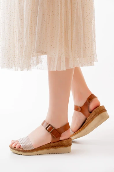 731-07 Bej Ortopedik Hakiki Deri Dolgu Kadın Sandalet - 5