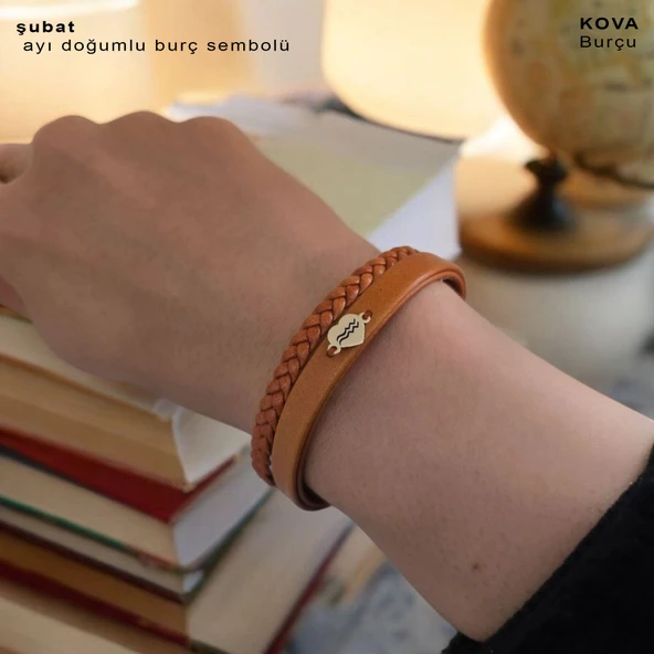 Doğum Ayına Özel 14 Ayar Altın Plakalı Kalp Figürlü Doğal Kahverengi Derili Hediye Bileklik-401 ürün görseli