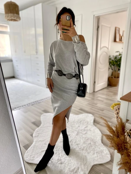 Kadın Uzun Kollu Düşük Omuz Yırtmaç Detay Kaşkorse Etek Bluz Ikili Takım - Resim 3