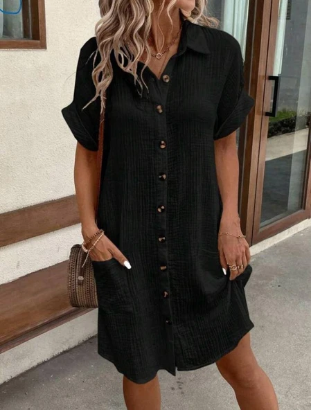 Kadın Kısa Kollu Bisiklet Yaka Yandan Yırtmaçlı Viskon Midi Elbise - Resim 2