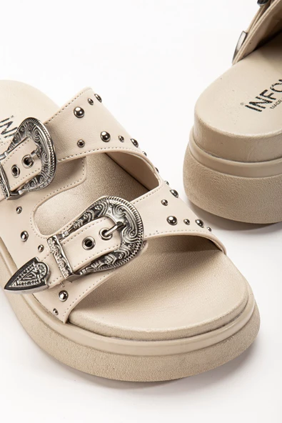 24422-1180 Bej Dolgu Topuk Kadın Sandalet - Resim 5