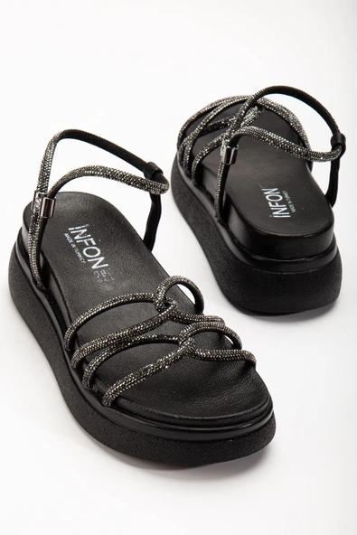 24422-1221 Siyah Dolgu Topuk Kadın Sandalet - 4