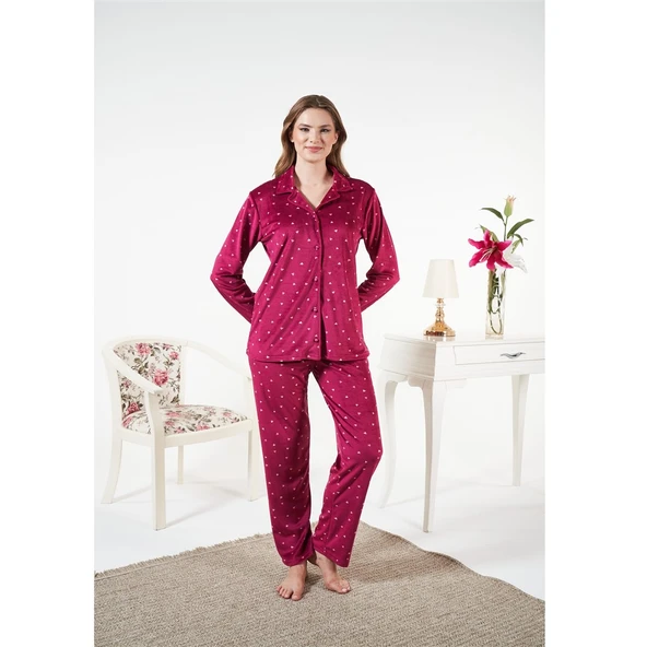 Estiva Puantiyeli Önden Düğmeli Kadife Bayan Pijama Takım - Resim 3