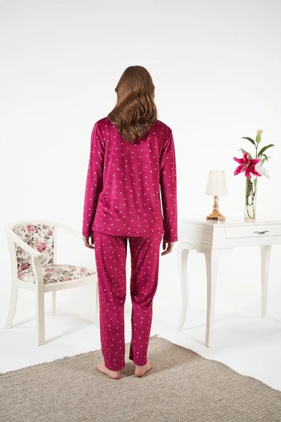Estiva Puantiyeli Önden Düğmeli Kadife Bayan Pijama Takım - Resim 6